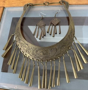 Karen Hill Tribe Necklace Torque Bib Choker Dangle Peacock Stamped W/ Earrings - Picture 1 of 14