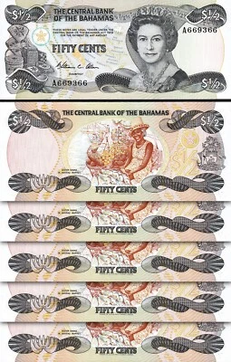 Bahamas 50 Cents 1/2 Dollar, 1974 (1984), aUNC/UNC, 5 Pcs LOT, P-42, QUE II - Image 1 of 4