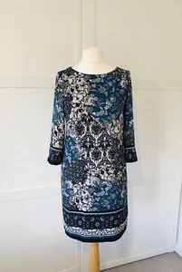 M&Co Shift Dress Size 16 Black/Blue Stretch Zip Fully Lined 3/4 Sleeves VGC - Picture 1 of 12