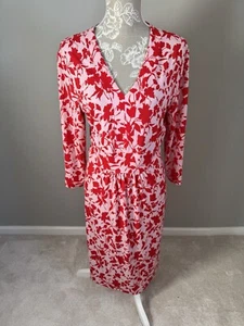 KIM & CO PINK/CORAL RED 3/4 SLEEVE V NECK DRESS SIZE L VGC - Picture 1 of 10