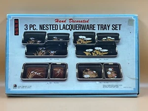NEW Vintage Japanese Decorative Lacquer Nesting Trays - Set of 3 - Floral Design - Picture 1 of 4