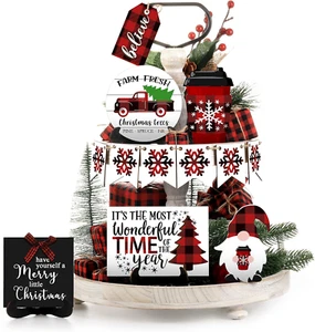 Festive 12 Pcs Christmas Tiered Tray Decorations Set Christmas Wooden Signs Tier - Picture 1 of 11