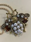 Betsey Johnson Gold Rhinestone Crystal Pearl Bee Pendant Necklace Brooch NWT