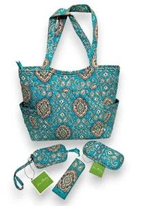 NEW Vera Bradley Totally Turq Set Pleated Tote Purse Sunglass Tech Case Travel - Picture 1 of 12