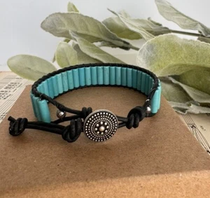 Turquoise beaded Black Leather Bracelet Men's unisex Cuff Style Bracelet USA - Picture 1 of 5
