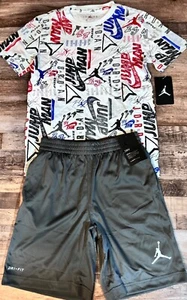 NWT Nike Jordan Boys YMD Gray/White/Red/Blue Graphic Dri-Fit Shorts Set Medium - Picture 1 of 5