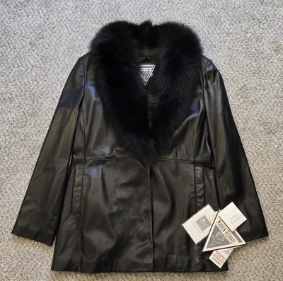 Chaqueta Marvin Richards Cuero Negro Piel de Zorro Borde Cuello Grande NUEVA CON ETIQUETAS Foto 1 de 4