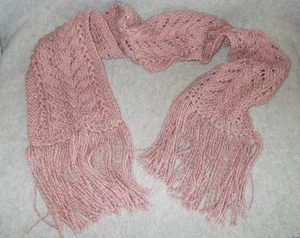 Handmade Hand Knit Cable Twist Lace Rose Pink Metallic Gold Tassel Fringe Scarf - Picture 1 of 10