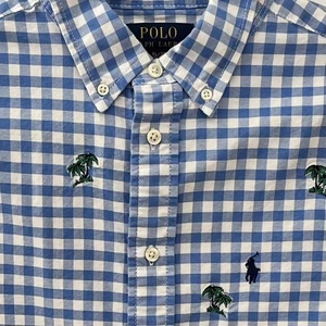 Polo Ralph Lauren Boys Shirt XL 18/20 Blue Gingham Check Palm Tree Short Sleeve - Picture 1 of 10