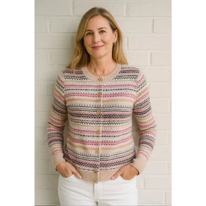 Cárdigan Suéter Talbots Fair Isle M Abotonado Rosa Preppy Primavera Nórdica - Imagen 1 de 9
