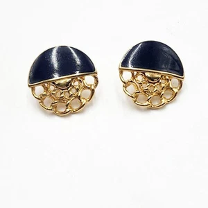 Vintage blaue Emaille Monet runde Kette umrandet goldfarben Ohrstecker groß - Bild 1 von 5