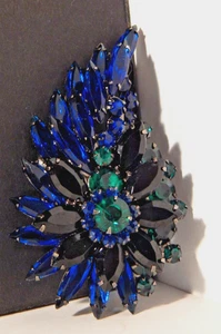 Vtg Shades Of Blue Green Peacock Colors Glass Rhinestone Stacked Brooch 3.2" L - Picture 1 of 8