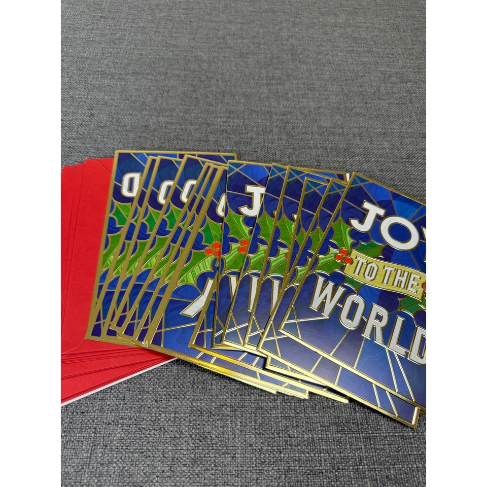 Juego de sobres rojos de bayas de acebo Joy to the World tarjetas de Navidad de felicitación Foto 1 de 4