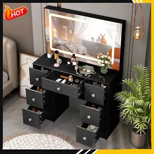 Large Dressing Table Dresser Desk with LED Lighted Mirror and 7 Drawers Black - Picture 1 of 10