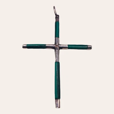 Vintage Green Malachite Stone Inlay Cross Sterling Silver Pendant 2" - Image 1 of 4