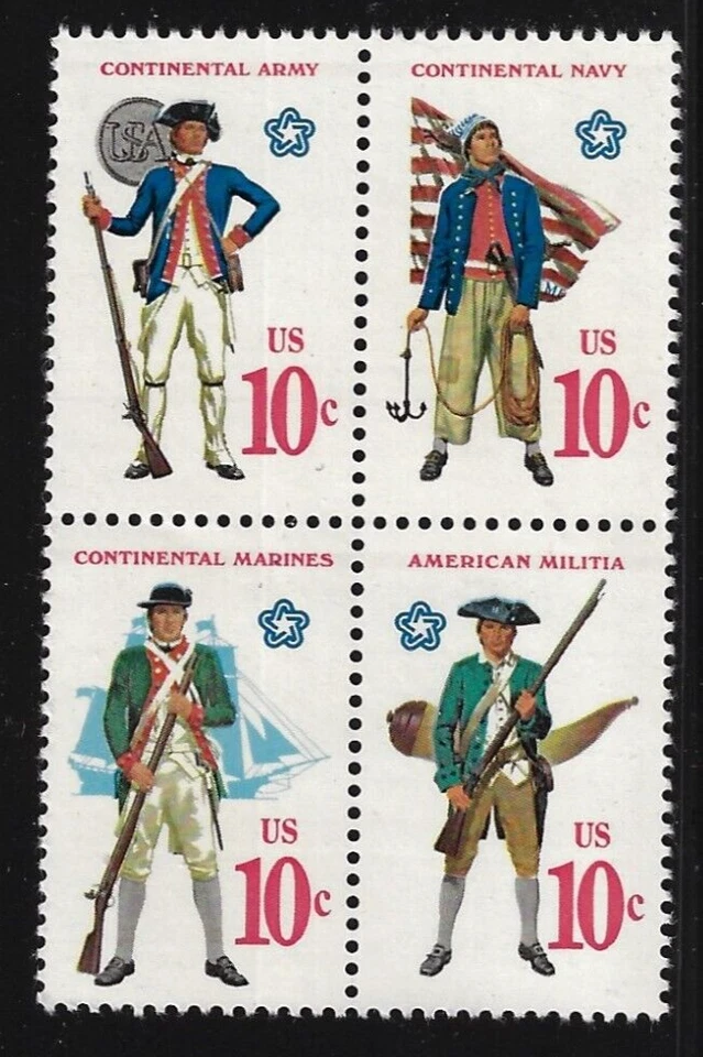 Stamp - 1975 Set of 4 Continental Army/Navy/Marines/Militia/Uniforms - MNH - Image 1 of 1