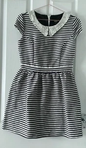 Oasis blue & off white dress with stripes and lace accent at the neck - size 12. - Picture 1 of 4