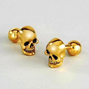 Gemelos Calavera Pesados Bien Hechos Placa de Oro NUEVO con BOLSA DE REGALO Esqueleto Espalda Fija - Imagen 1 de 5