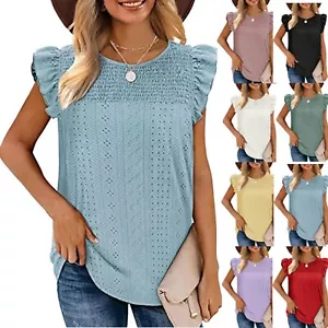 Women's Summer Crewneck Tank Tops Ruffle Cap Sleeve Tunic Shirt Blouse Tops Vest - Picture 1 of 24