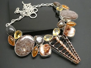 Vintage Shell Citrine Amber Gemstone Silver Plated Large Cluster Necklace 18" - Picture 1 of 10