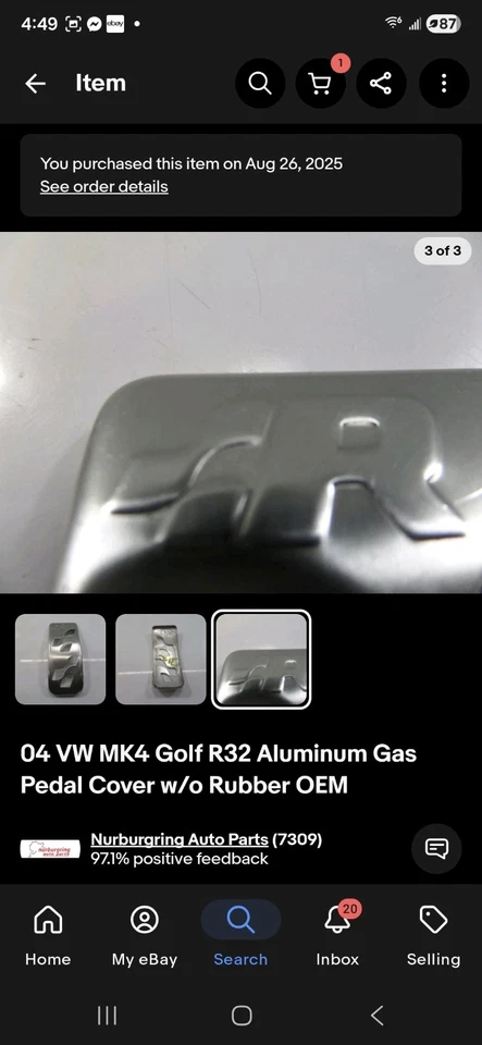 Cubierta de pedal de gas de aluminio OEM 04 VW MK4 Golf R32 sin goma ENVÍO PRIORITARIO GRATUITO Foto 1 de 3