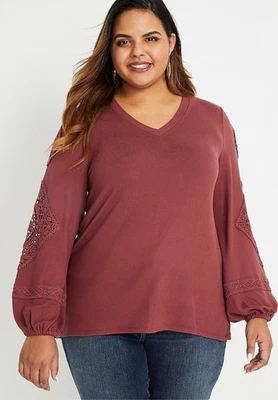 Maurices Womens Plus 2X Mauve Pink Crochet Sleeve Jersey Knit Long Sleeve V neck - Image 1 of 4