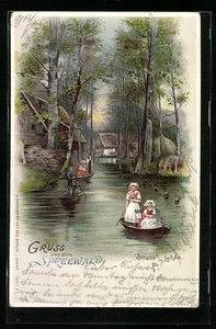 Lithographie Lehde /Spreewald, Strasse mit Booten 1899  - Picture 1 of 2