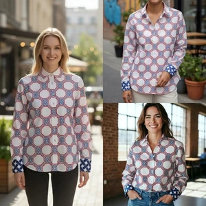 Tizzie Button Down Hemd Langarm Bündchen Stretch Abstrakt Rot Weiß Blau Gr. S - Bild 1 von 15