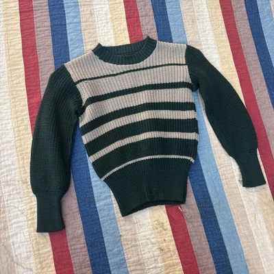 Vintage 1930s Green & Cream Striped Knit Wool Sweater Pull Over Fitted Blouse - Image 1 of 4