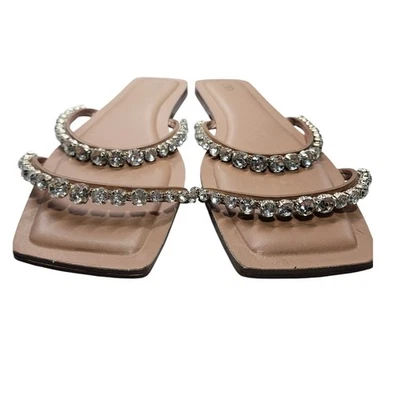 Zara 39 Rhinestone Embellished Strappy Square Toe Slides Flat Sandals #364 - Image 1 of 4
