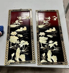 VNTG PAIR ORIENTAL BLACK LACQUER & MOP WALL PANELS - Picture 1 of 1
