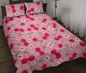 cherry flower pattern pink background Quilt Bed Set - Picture 1 of 7