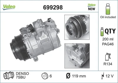 VALEO 699298 Compresor, Aire Acondicionado para CHRYSLER MERCEDES-BENZ Foto 1 de 3
