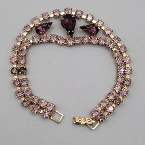 Brazalete Vintage Púrpura Estrás Tono Dorado Doble Fila Pera Lágrima Eslabón 7.25" - Imagen 1 de 11