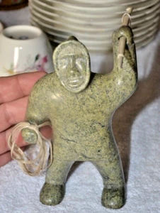 VINTAGE Alaska INUIT GREEN Stone Carving of Hunter Man Fisherman w Spear - Picture 1 of 7