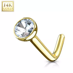14K Yellow Gold Bezel Set CZ Ball L Bend Nose Stud Ring 18g 1/4" - Picture 1 of 2