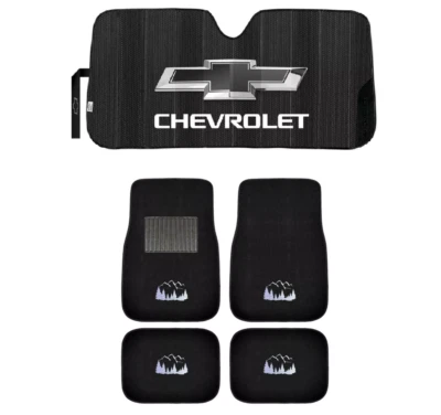 NEW MOUNTAINS 4pc Carpet Car Truck Floor Mat & CHEVY LOGO BLACK AUTO Sunshade - Image 1 of 4