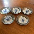 5 Vintage Germany Delft Blue Porcelain Ceramic w/Metal Rimmed Cup Grape Coasters