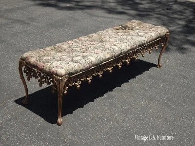 1960s Vintage French Hollywood Regency Bed Side Floral Bench W Cast Iron Skirt - Image 1 of 4