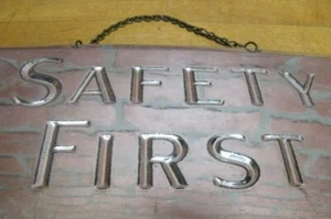 SAFETY FIRST Old Tin Metal Bevel Edge Advertising Sign Refective Mirror Silver - Picture 1 of 12