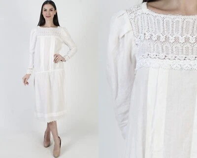 Vestido Jessica McClintock Blanco Algodón Cintura Caída Victoriano Deco Césped De Colección Midi Foto 1 de 4