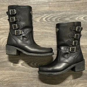 Vintage Harley Davidson 6.5 Black Leather Biker Motorcycle Boots Buckles Zip Up - Picture 1 of 14