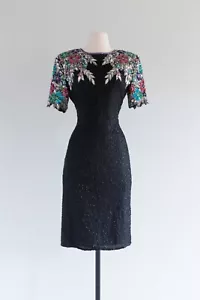 Vintage Scala Silk Sequin Beaded Floral Black Cocktail Formal Evening Dress M - Picture 1 of 8