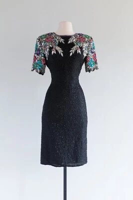 Vintage Scala Silk Sequin Beaded Floral Black Cocktail Formal Evening Dress M - Image 1 of 4