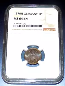 1876 H Germany 1 Pfennig NGC MS64BN KM# 1 German Certified MS 64 UNC COIN - Picture 1 of 4