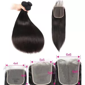 12A BRAZILIAN VIRGIN HUMAN HAIR STRAIGHTS HD LACE BUNDLES 4X4/5X5/6X6 COLOUR 1B# - Picture 1 of 12