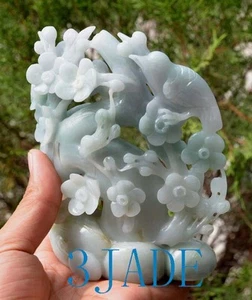 A Grade Jadeite Jade Carving Bird Flower Statue Sculpture Art w/ Certificate - Picture 1 of 9