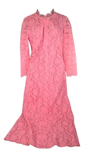 Pink Maxi Dress Lace Hostess Party Vintage 1960s Sheath M 37" bust x 32" W - Picture 1 of 5