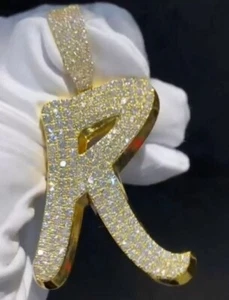 Men's R Initial Letter Pendant 3Ct Lab Created Diamond 14k Yellow Gold Plated - Imagen 1 de 1