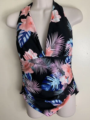 DKNY Floral Tropical 1 Piece Halter Swimsuit black blue pink Purple Size L - Image 1 of 4